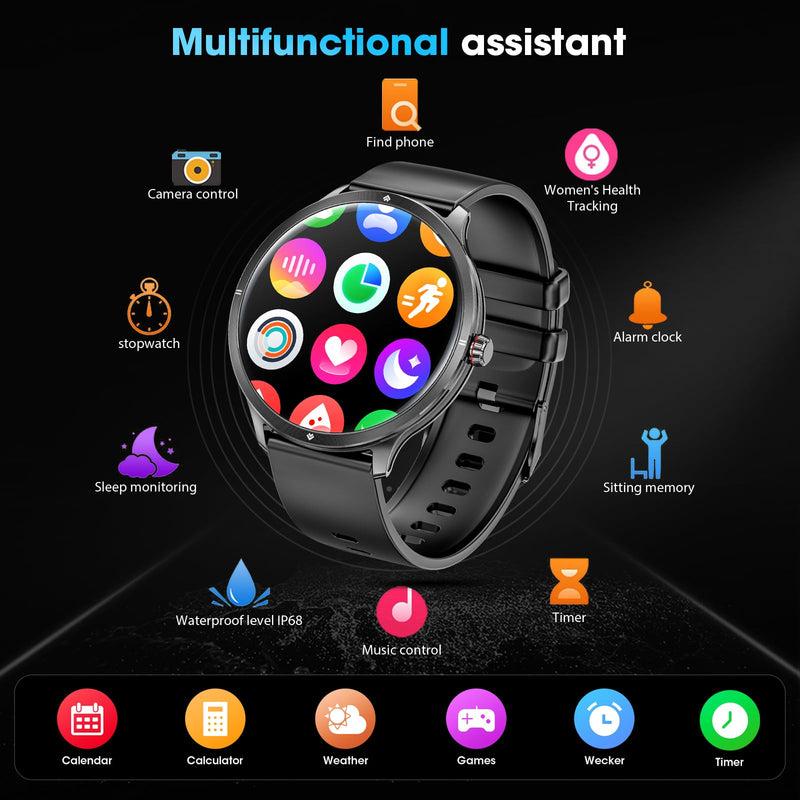 Smart Watches for Women Men, 1.75" AMOLED Smart Watch with Bluetooth Calling, Fitness Tracker with Heart Rate Sleep Monitor, IP68 Waterproof, 100+ Sports Modes, Compatible with iPhone Android Black