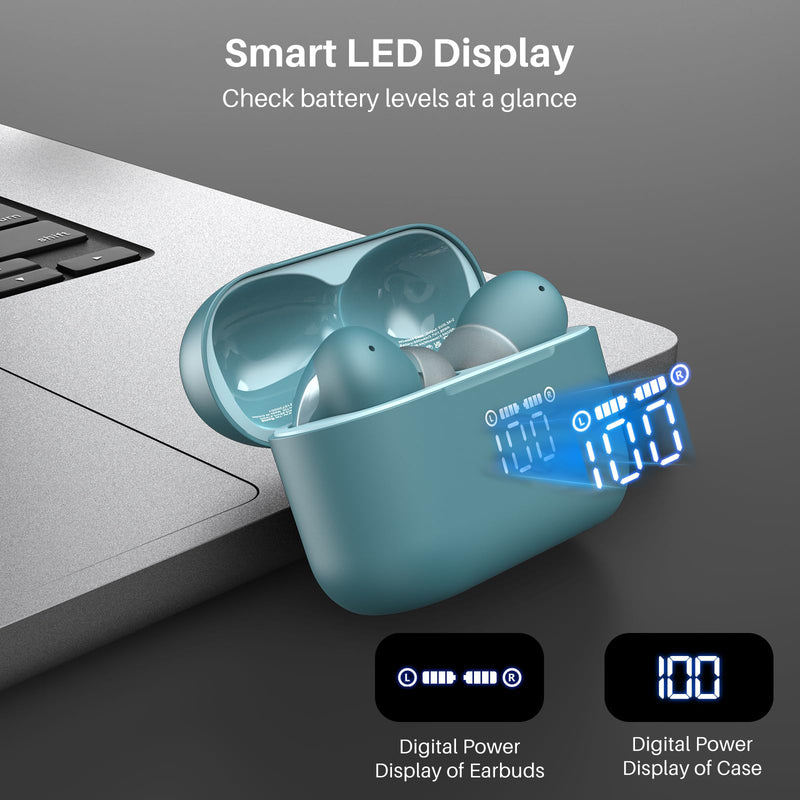 TOZO T20 Wireless Earbuds 97H Playtime, Wireless Charging LED Display Case | 10mm Deep Bass Sound, Dual Mic ENC Clear Calls, IPX8 Waterproof, Bluetooth 5.3, Comfortable Fit Ear Buds For Daily Use, Green