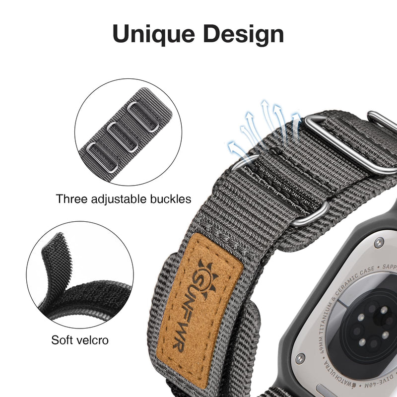 Bundle of the Rugged Nylon Velcro Apple Watch Ultra Band 49mm (BlackTags/Grey)