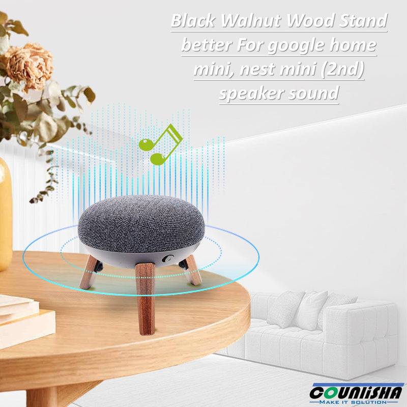 Real Wood Mount compatible for google home mini,nest mini speaker,Tripod Mount holder with Metal Frame,Anti-Slip Safe Stable wooden stand for home Mini on Desk (Walnut)