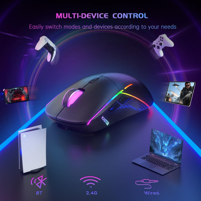 FFJ Wireless Gaming Mouse, 24000 DPI, Tri-Mode 2.4G/USB-C/Bluetooth 5.3 Gaming Mouse Wireless, RGB Programmable Mouse Gamer, 75Hrs Battery Life, Rechargeable Gaming Mice for PC, Mac, PS5, Xbox-Black Black