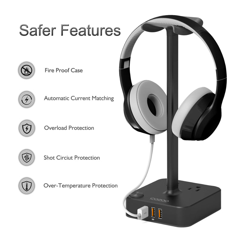Headphone Stand with USB Charger COZOO Desktop Gaming Headset Holder Hanger with 3 USB Charger and 2 Outlets - Suitable for Gaming, DJ, Wireless Earphone Display (Black) 1.Black
