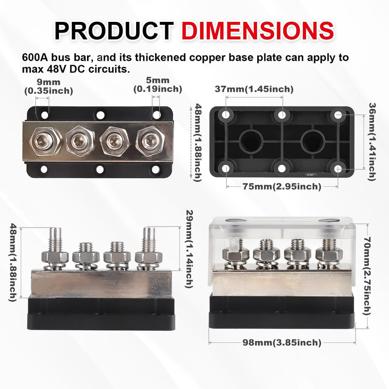 600A Power Distribution Block with Cover 4 x 3/8" (M10) Studs Bus Bar Terminal Block Max 48V for Automotive Car Boat, Black 600A 4 x 3/8"(M10) Studs-Black