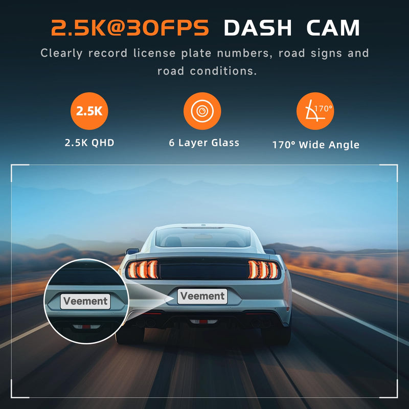 Dash Cam, 2.5K Dash Cam Front, VEEMENT Dash Camera for Cars, 1440P Car Dash Camera with APP, WiFi Dash Cams with WDR Night Vision, 24/7 Parking Monitor Dashcam, 160°Wide, G-Sensor, Mini Car Camera Black