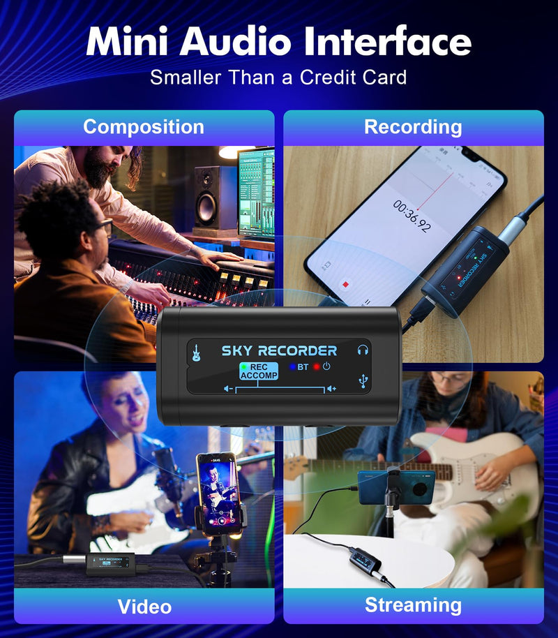 Guitar Audio Interface Pocket Internal Recording Sound Card with Bluetooth, Internal Sound Card, Compatible with iPhone, Mac, Laptop, Android—Plug & Play for Recording, Streaming, Playing