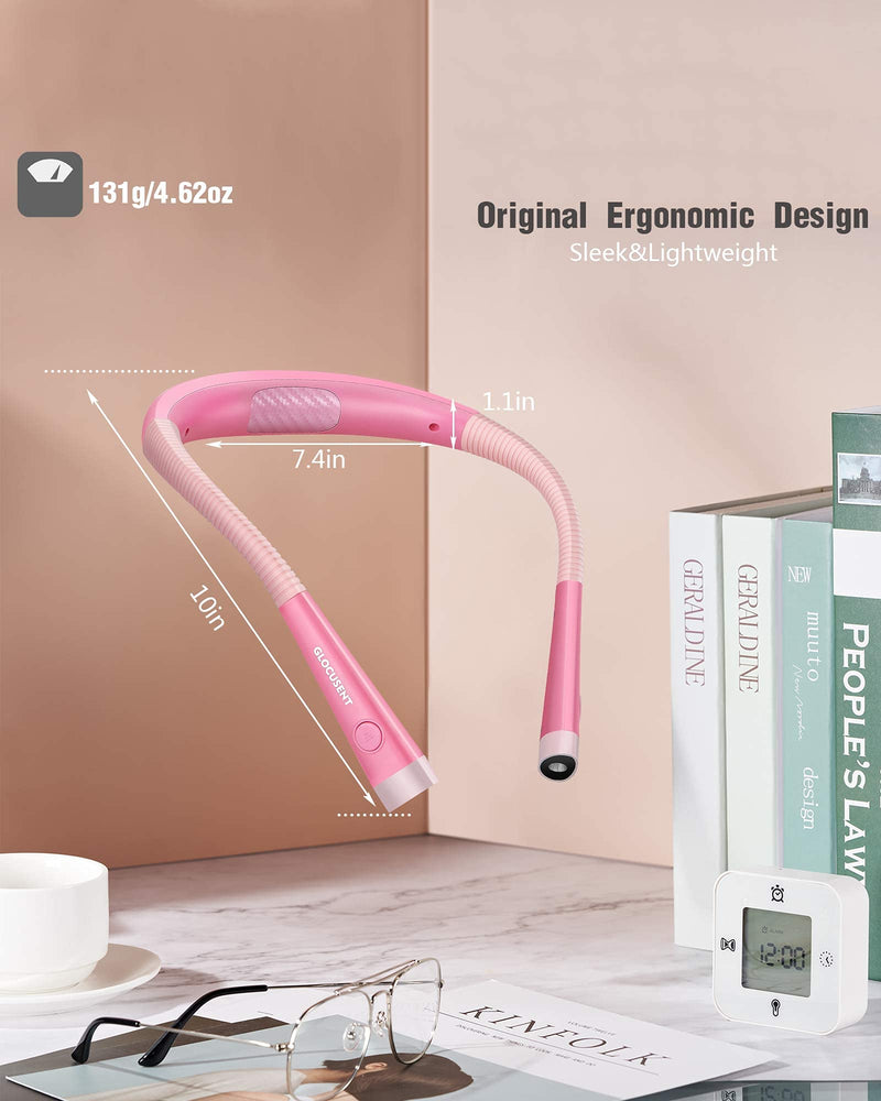 Glocusent LED Neck Reading Light, Book Light for Reading in Bed, 3 Colors, 6 Brightness Levels, Bendable Arms, Rechargeable, Long Lasting, Pink, Perfect for Reading, Knitting, Camping, Repairing