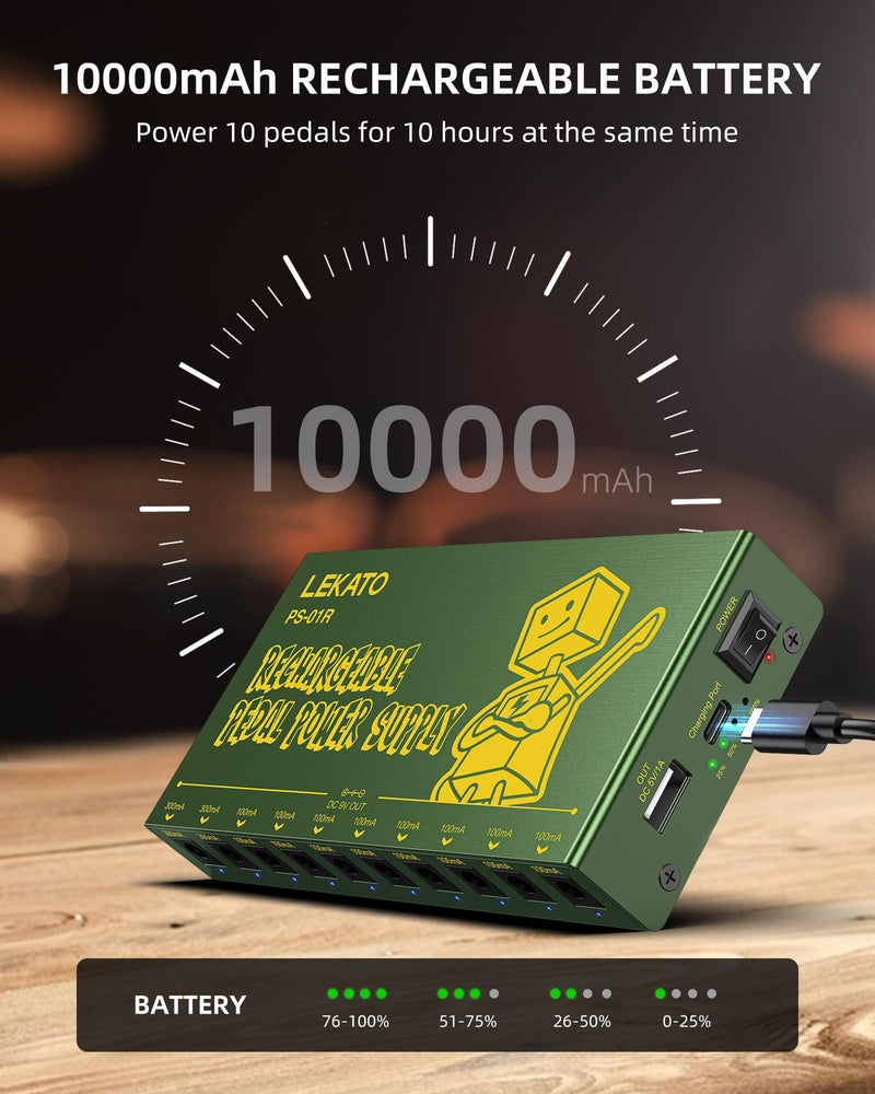 LEKATO Built-in 10000mAh Rechargeable Battery Guitar Pedal Power Supply, 10 Isolated DC Outputs, 9V 300mA, 100mA Effect Pedal Boards Power Supply, 5V/1A USB Port, Short Circuit Protection, PS-01R