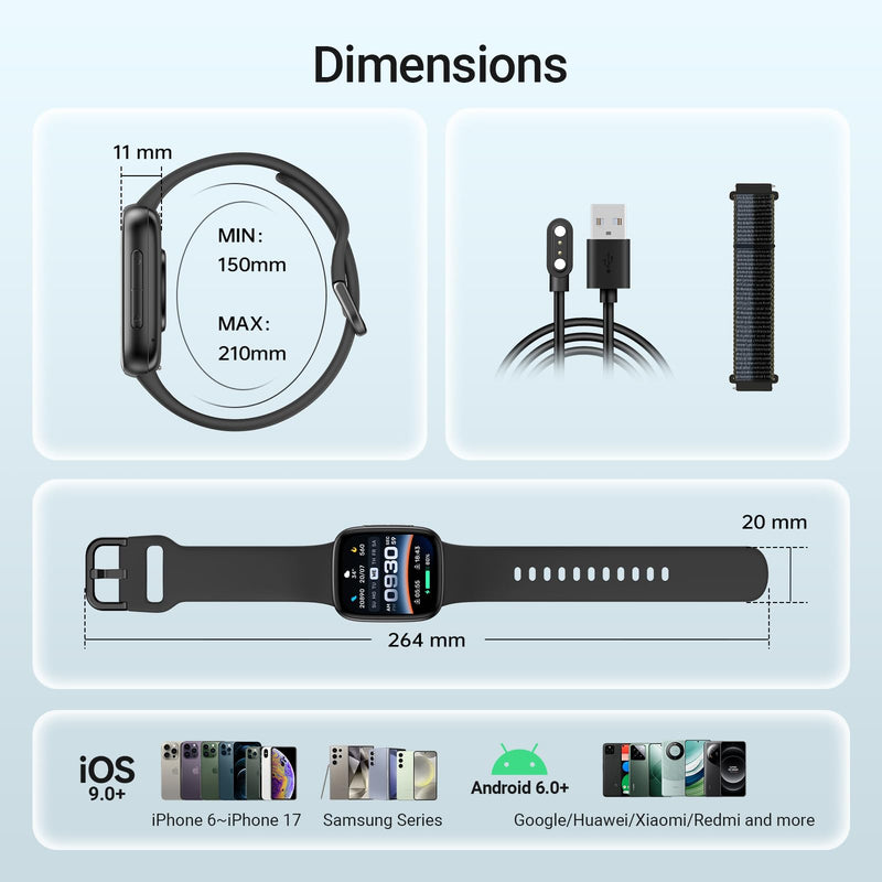 Fitpolo Smart Watch, 1.85" AMOLED Fitness Tracker with Bluetooth Call, Heart Rate/Sleep/SPO₂ Monitor, 100+ Sports Modes, 3ATM Waterproof Smartwatch for Android/iPhone/Samsung, Includes 2 Bands Black