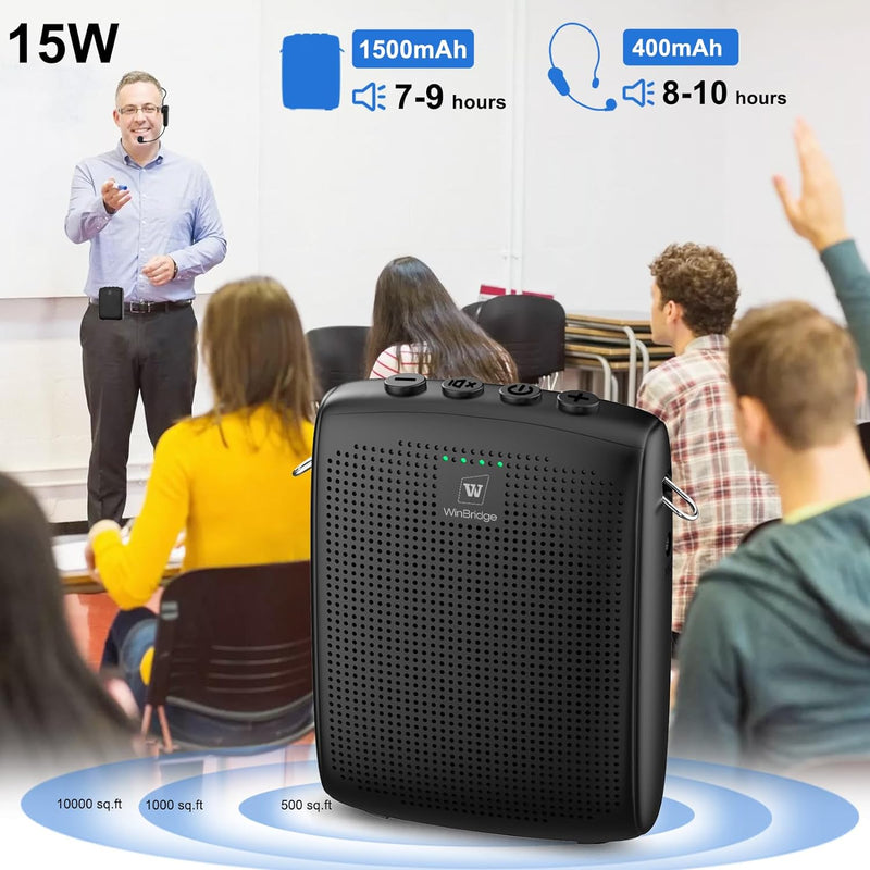 Voice Amplifier,15W Rechargeable Portable Microphone for Teachers,Lightweight Personal Microphone with Speaker Wired Headset Supports Bluetooth,Recording,FM Radio,TF Card/AUX Black