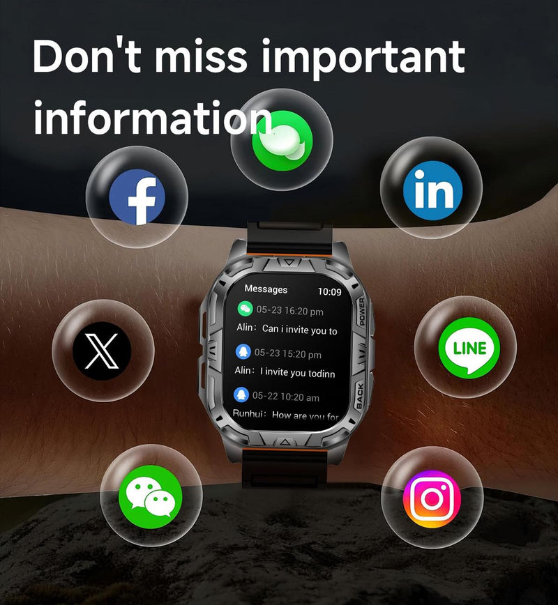 Yihou Mens Military Smart Watch for Men 2.01” Full Touch Screen Bluetooth Calling Heart Rate Sleep Monitor Step Counter Calorie Tracker IP68 Waterproof Outdoor Smartwatch 900mAh Long Battery Life Black-SS