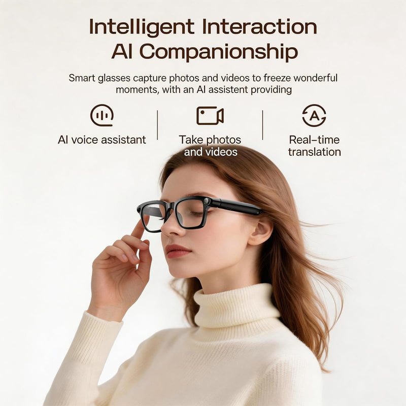 Smart Glasses with Camera, 4K HD Video, 1080P Video Recording & Photo Capture, Open-Ear Bluetooth Audio, AI Translation & Voice Assistant, Dual Lens Wearable Sunglasses for Travel Sports