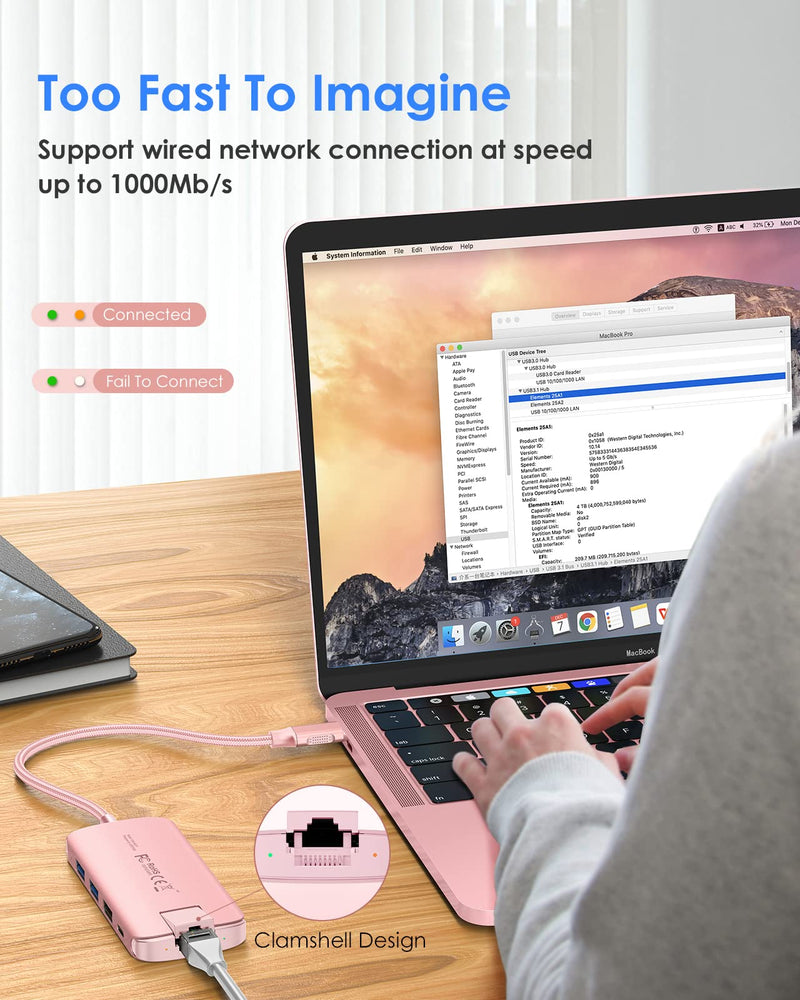 LENTION Ultra-Thin USB C Hub with Ethernet, 4K HDMI, USB 3.0/2.0, Card Readers & PD Adapter for 2022-2016 MacBook Pro 13/15/16/M1, New Mac Air & Surface, Chromebook, More (CB-C48, Rose Gold)