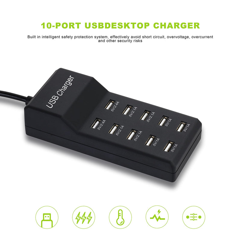USB Charger,5V 10A(50W) USB Charging Station with 10-Port Family-Sized Smart USB Ports for Multiple Devices Smart Phone Tablet Laptop Computer, for iPhone 15/14/13 Black A-Black
