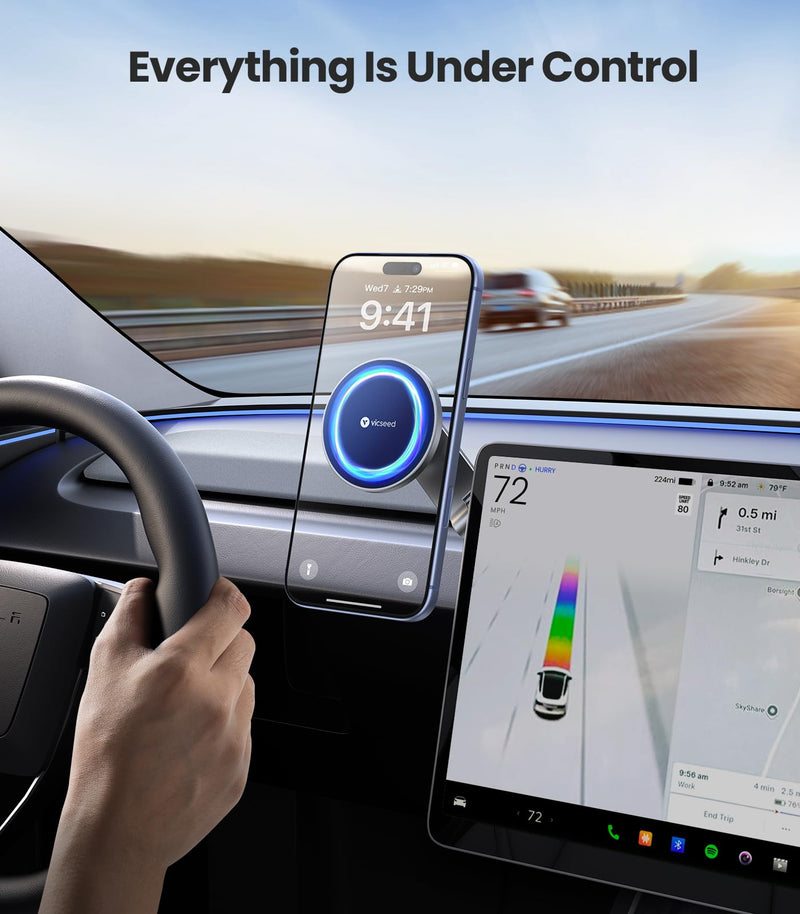 VICSEED Tesla Phone Mount【Strongest Magnet Power】 Foldable Hidden Tesla Phone Holder Fit for All Phones, Tesla Model 3/Y/Cybertruck Accessories, Tesla Model 3 Model Y for MagSafe Car Mount - Blue Deep Blue