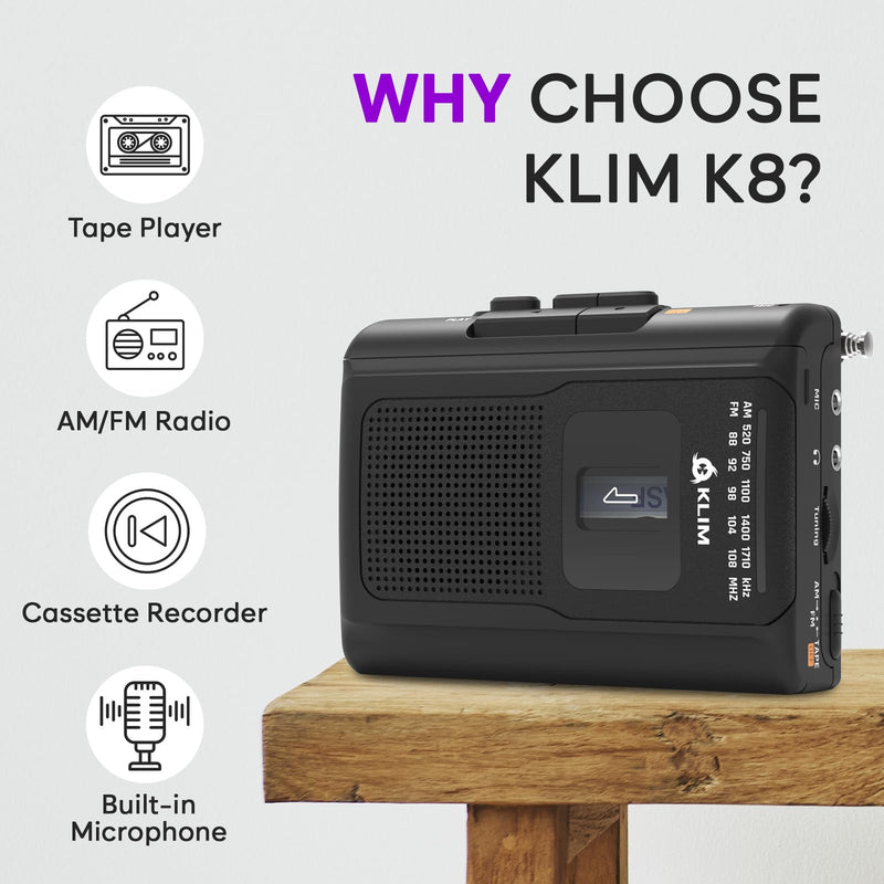 KLIM K8 Cassette Tape Player Portable + Cassette Recorder + NEW + AM/FM Walkman Cassette Player + Built-in Microphone & Speaker + Headphone Jack & Earphones Black