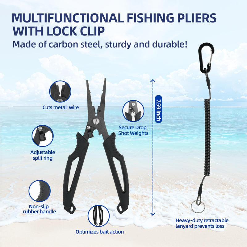 RAWILL Fishing Kit,Filleting Knife,Hook Remover,Fish Grip, Line Cutter,Fishing Scale, Pliers with Lanyards,Not Include Batteries Black