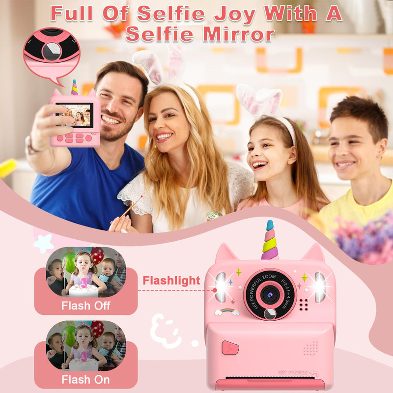 Instant Print Camera for Kids - Christmas Birthday Gift Toy for Girl Boy Age 3-9, Children Selfie Digital Cameras with Cartoon Soft Silicone Cover, Print Black White Photo with 32GB Card (Pink) Pink