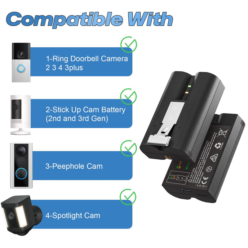 [AUSTRALIA] - 2Pack Replacement for Ring Doorbell Battery, 6040mAh Rechargeable Ring Camera Battery with Charger Station, Compatible with Ring-Video Doorbell 2/3/3plus/4, Stick Up Cam and Spotlight Cam 