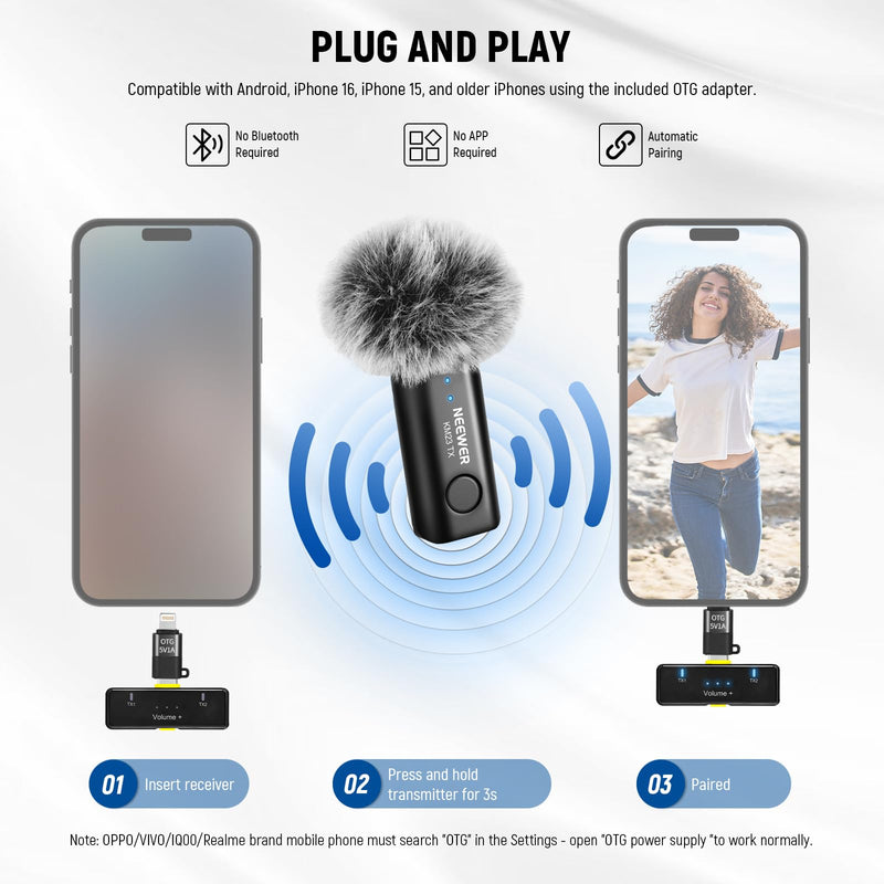 [AUSTRALIA] - NEEWER Wireless Lavalier Microphone System for USB C, Compatible with iPhone 16 15 Samsung Android Phones, Noise Cancelling Mini Lav Omnidirectional Condenser Mic for Vlogging Live Streaming, KM23 