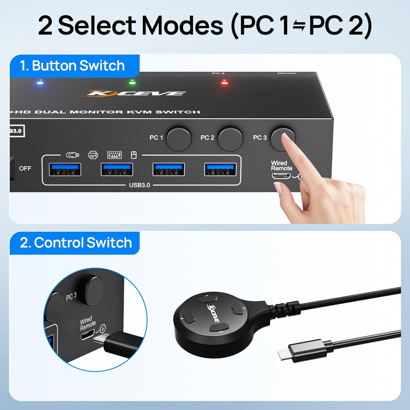KVM Switch 2 Monitors 3 Computers HDMI + DisplayPort, KCEVE USB 3.0 DP KVM Switcher, 8K@30Hz/4k@144Hz Dual Monitor DP KVM for 3 PC Share 2 Display and 4 USB 3.0 Devices Black 17.1 CM 3x2 kvm switch dp+hdmi