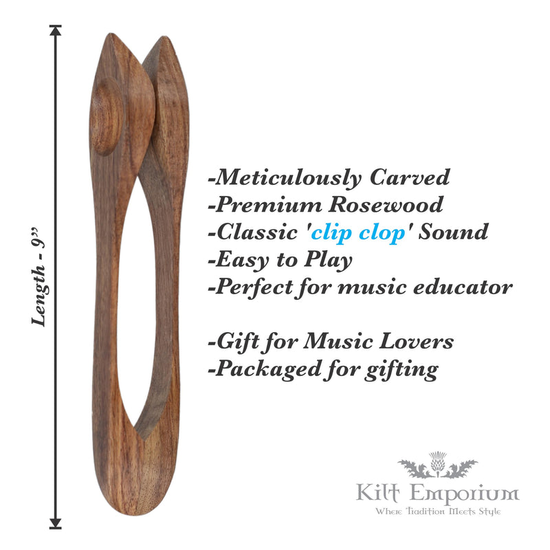 Musical Spoons Percussion Instrument, Handcrafted from Premium Rosewood, Traditional Irish Celtic Folk Sound - 9" Long, Gift for All Ages