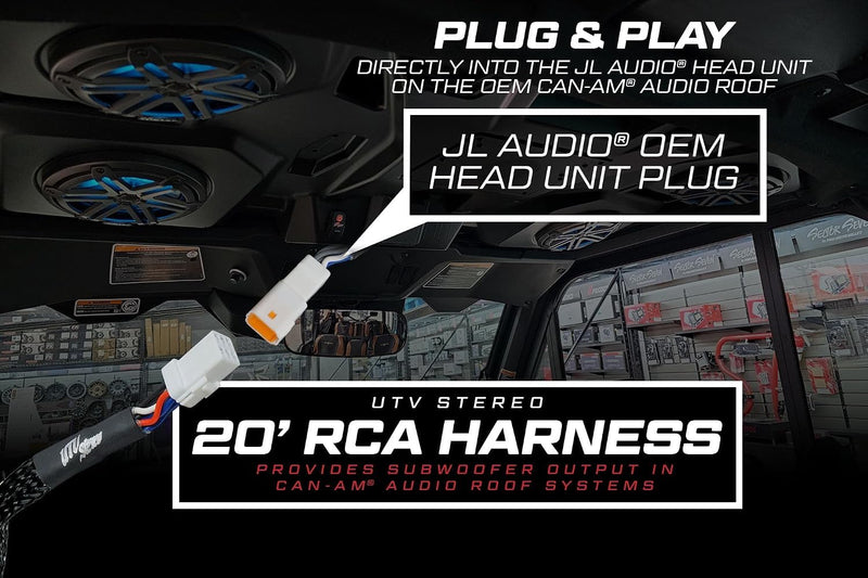 UTV Stereo 20' JL Audio RCA Subwoofer Output Harness for Can-Am Defender | For HD10 & HD11 Audio Roof Systems | Add Aftermarket Sub & Amplifier | Weatherproof | Plug & Play | Powersports Bass Upgrade