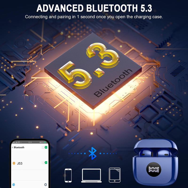 Jxrev J53 2 Pack Dark Blue and White Wireless Earbuds, Bluetooth Ear Buds LED Power Display Headphones Bass Stereo, Earbuds in-Ear Noise Cancelling Mic, 40H Playback Mini Case