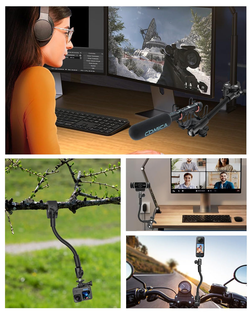 Gooseneck Clamp Camera Mount with 1/4“ 3/8" 5/8" Screw, Go Pro Mounts for Handlebar, Desk, Tube, Cross Bar, Compatible with GoPro Hero 13/Baby Monitor/Logitech Webcam/Insta 360/Field Monitor