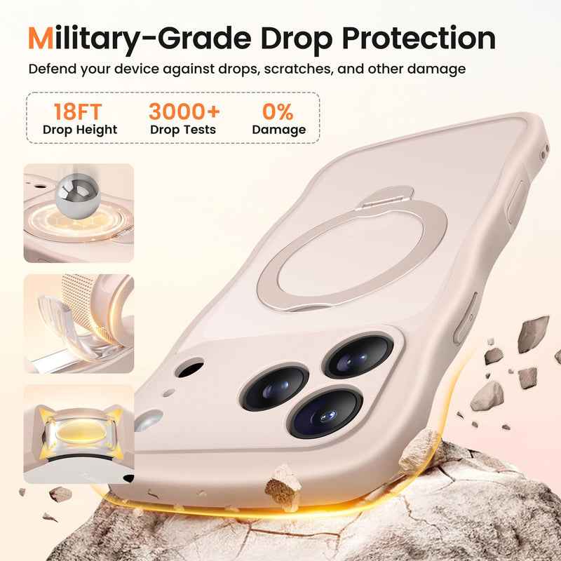 CAPRARO for iPhone 17 Pro Max Case with Magnetic Stand, Rose Gold | 360° Spin Magnetic Stand, [Compatible with MagSafe] [Full Camera Protection] Cute Wave Translucent Matte Phone Case For Iphone 17 Pro Max (6.9 Inch, 3 Lens)