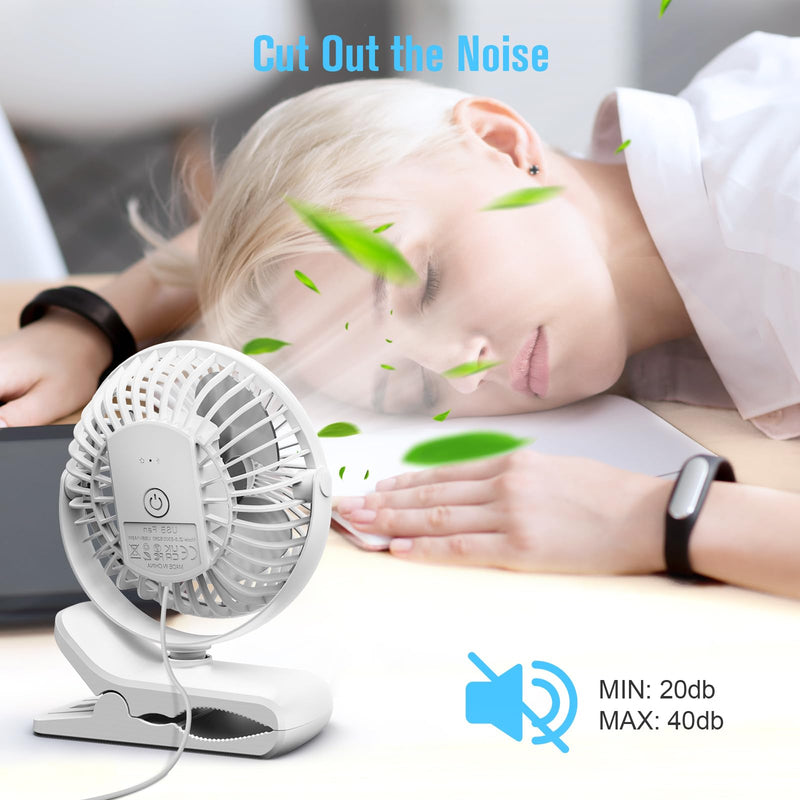 HONYIN USB Clip on Fan, 720° Rotation Small Desk & Clip Fan, Personal Cooling Fan with Sturdy Clamp, 3 Speeds, Quiet Little Fan by USB Plug In, for Bedroom Office Desktop Treadmill White