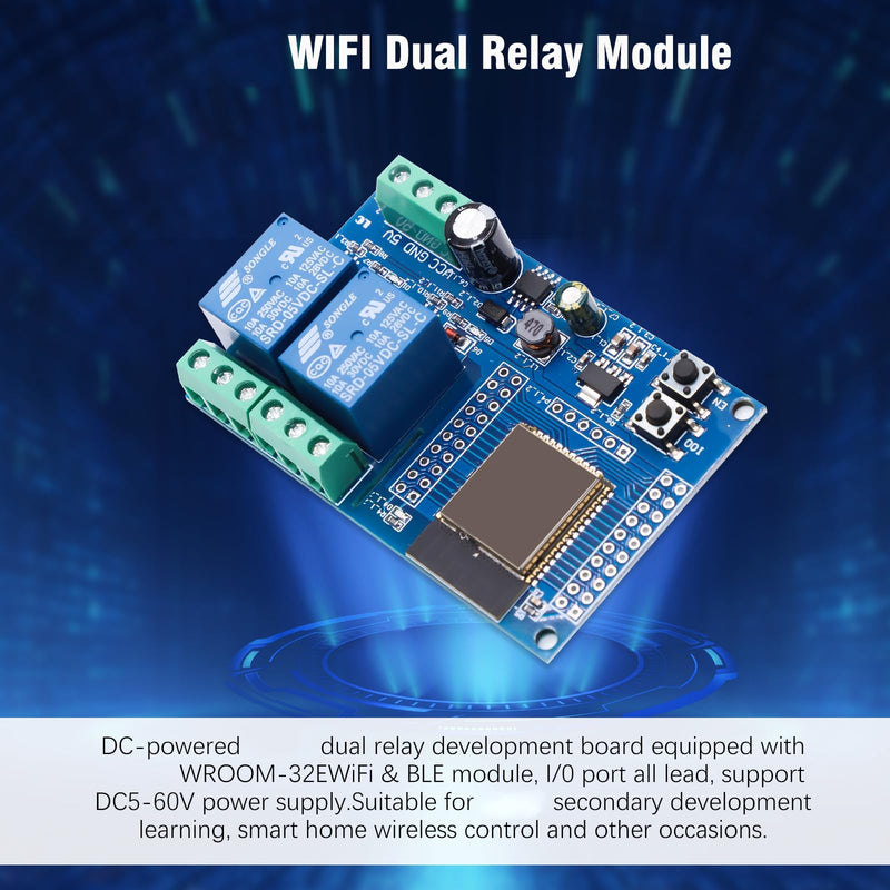 Binghe ESP Relay 2-Channel Module, ESP-32 Relay Development Board with 4 MB Flash Dual WiFi DC5-60V Power Supply for Secondary Development Learning (LC-Relay-ESP32-2R-D5)