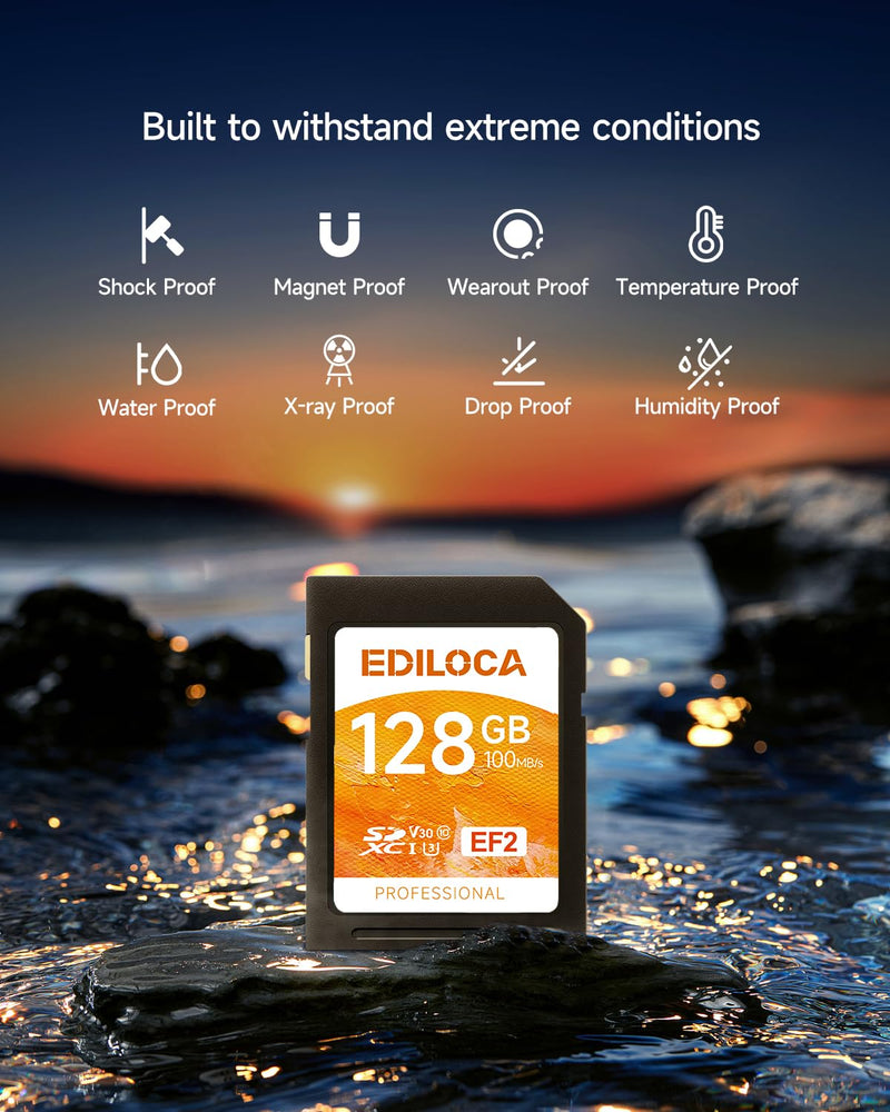 EF2_128GB UHS-I SD Card UHS-I Memory Card Fast Storage, Read Speed 100MB/s, Write Speed 90MB/s, C10, U3, V30, Full-HD & 4K Video, SD Card, Must-Have for Professional Photographers 128GB EF2 -100MB/s