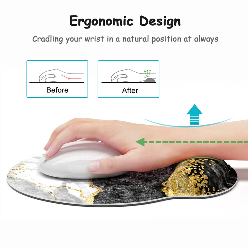 Atufsuat Ergonomic Mouse Pad with Wrist Support, Marble Memory Foam Rest Pads, Cute Computer Laptop Office Accessories Decor, Pain Relief Mousepad for Gaming Work Men Women, Black Gold Marble