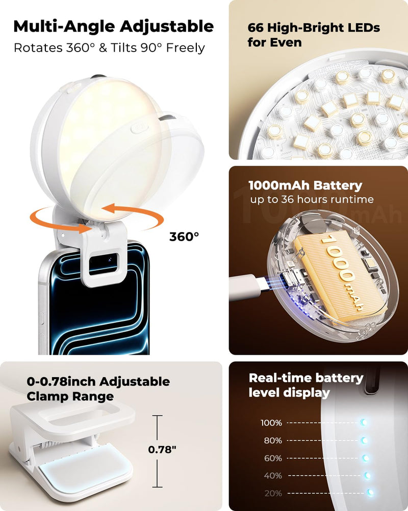 Viozon Selfie Light for iPhone Laptop, 3" Compact Clip on LED Phone Light with 360° Rotation, 1000mAh Type-C Rechargeable Zoom Meeting Light, 36H Runtime, Stepless Dimming 2800K-6500K, White