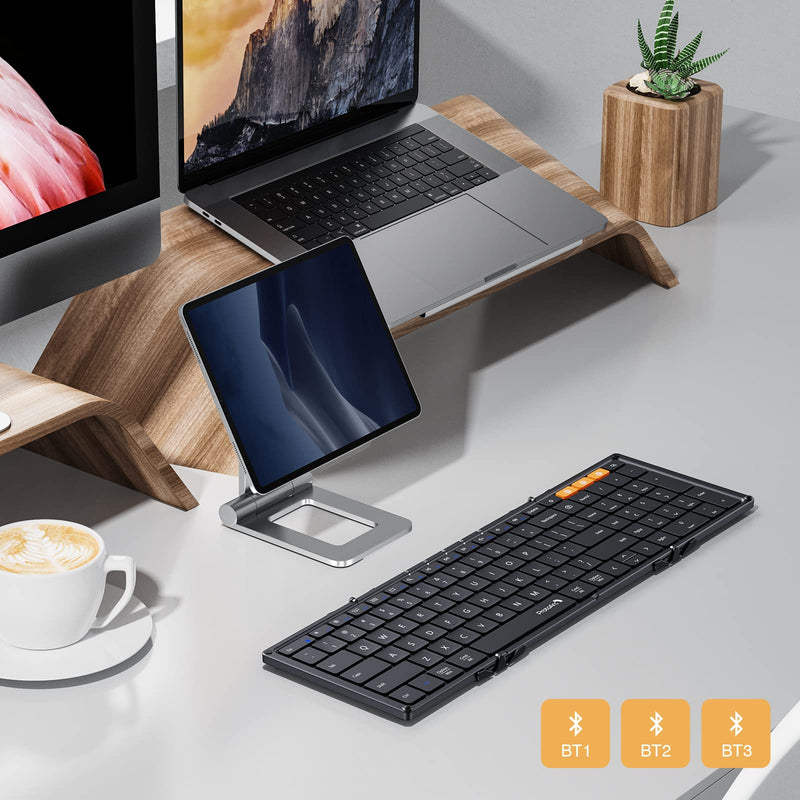 Foldable Bluetooth Keyboard, ProtoArc XK01 Folding Wireless Portable Keyboard with Numeric Keypad, Full-Size Travel Keyboard for Windows iOS Android Tablet PC Smartphone, Sync Up to 3 Devices, Black
