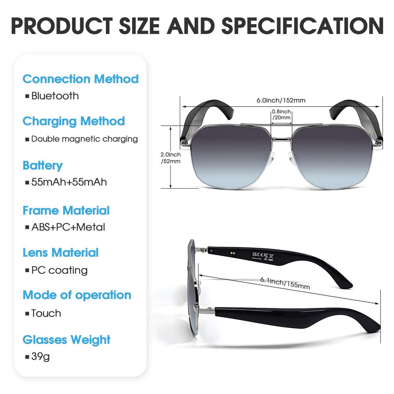 APOPHENIA AI Smart Bluetooth5.4 Glasses, Silver Frame Blue/Purple Lens | 140 Languages Real-Time Two-Way Translation, UV/Blue Light Protection & Anti-Glare, Aviator Style Unisex