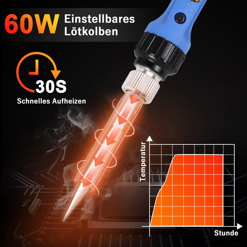 [AUSTRALIA] - Soldering Iron 60 W, Soldering Iron Set with Solder, Temperature Adjustable 220-480 °C, On/Off Switch, 30 g Soldering Wire, 5 Soldering Tips, Soldering Iron Set for Electrical Engineering Repairs Blue- 1 