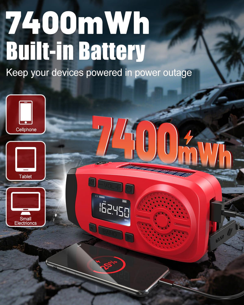 Runningsnail Emergency Weather Radio, 7400mWh Hand Crank Emergency Radio with LCD Display, Support Weather Alert Radio, USB/Solar/Hand Crank, 1W Flashlight & SOS Alarm for Outdoor & Home Emergency Red