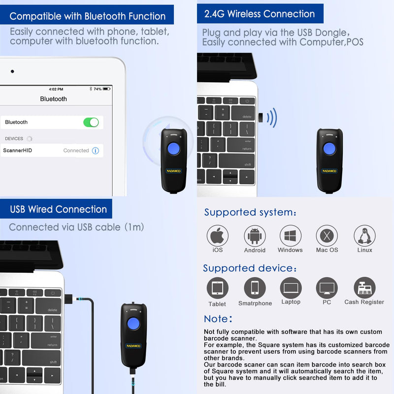 NADAMOO Wireless Barcode Scanner Compatible with Bluetooth Function, 2.4G Wireless & Wired 3-in-1 Bar Code Scanner Portable USB CCD Reader, Work with iPhone iPad Android Windows Mac OS-Dark Blue 1D Dark Blue