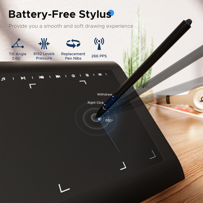 Graphics Drawing Tablet, 10x6 Inch Large Pad Tablets with 8192 Level Pen for PC and Computer,12 Hot Keys,Digital Design Pad Compatible with PC/Mac/Android for Painting,Design&Online Teach 10 x 6 Inch Without Stand