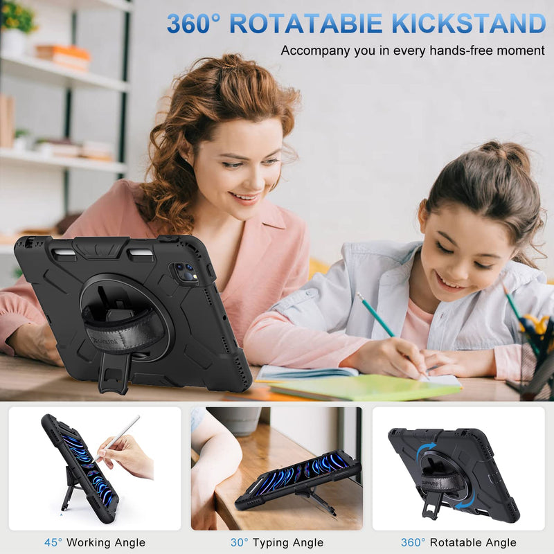 SUPFIVES Case for iPad Pro 11 inch (2022/2021/2020), Upgraded Military Grade Shockproof Protector Silicone iPad Pro 11 4th Gen Cover Pencil Holder+ Handle+ Shoulder Strap+ Rotating Kickstand, Black Ipad pro 11 inch 2022/2021/2020/2018