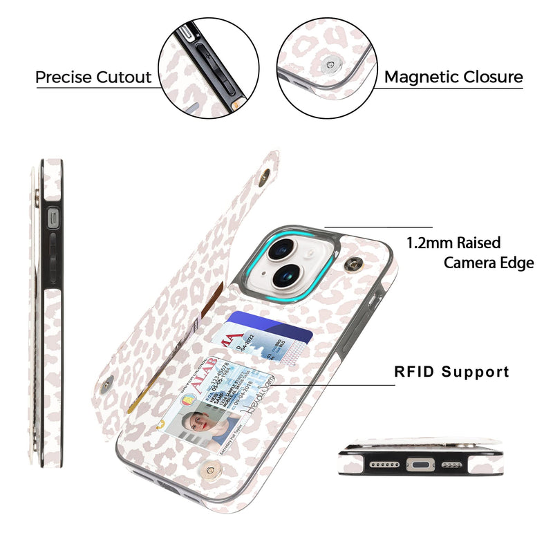 uCOLOR Flip Leather Wallet Case Card Holder Compatible with iPhone 13 6.1 iPhone 14 6.1 Women and Girls with Card Holder Kickstand (Beige Leopard) Beige