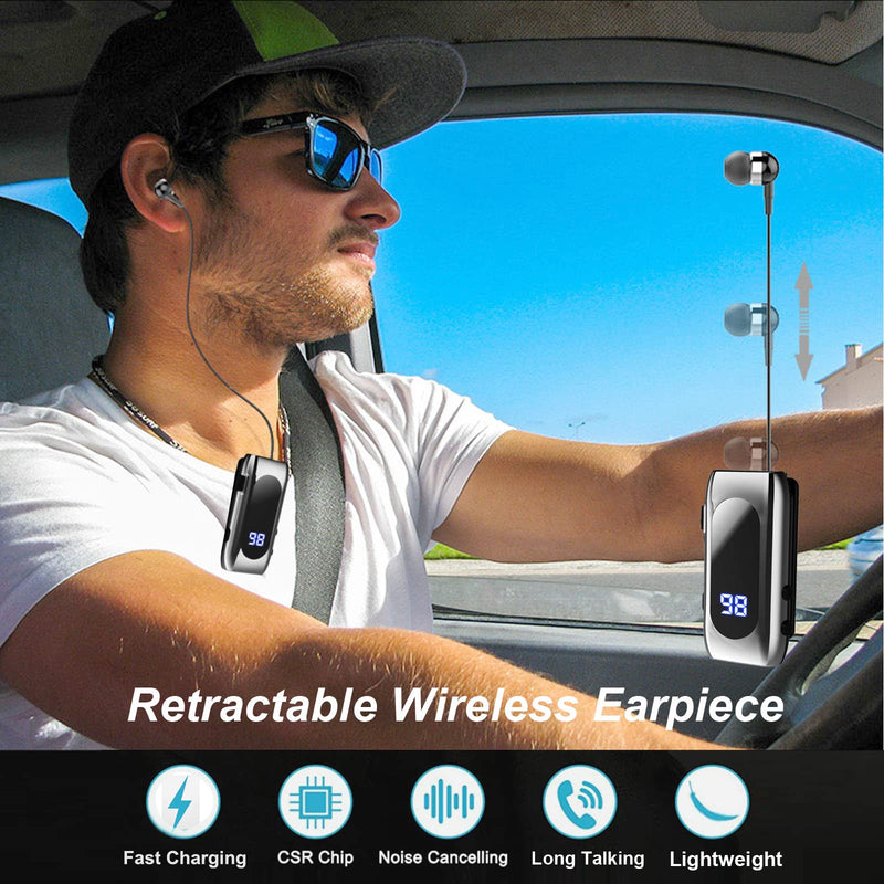 [AUSTRALIA] - Retractable Wireless Headset Headphone Stereo Earphone V5.0 Noise Cancelling Mic Clip on Earpiece Comfortable HandsFree Headset 20Hrs Talking Time Sports Business Trucker Driver Earbud Light Gray 