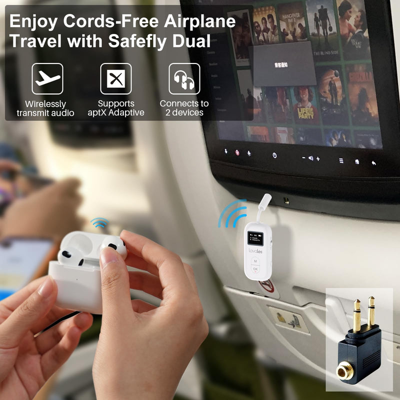 SafeFly Pro Bluetooth 5.3 Transmitter & Receiver Bluetooth Audio Adapter w/Screen for up to 2 Bluetooth Headphones; Use with Any 3.5 mm Jack on Airplanes, TVs, iPad/Tablets, Speakers and Auto