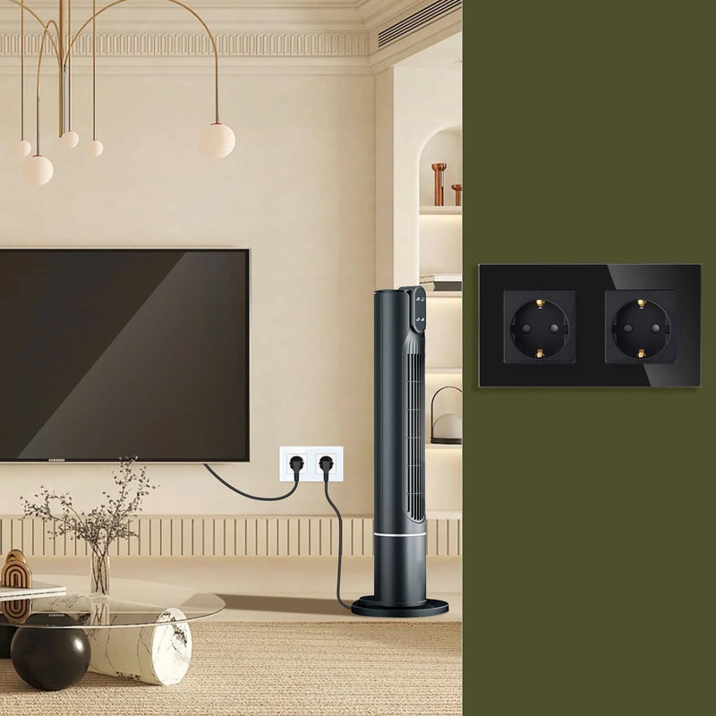 LIAONFOY Schuko Double Socket with Child Safety Lock Glass Frame 2-Way Wall Socket Flush-Mounted Black Double 110-250 V 157 mm 2-gang socket