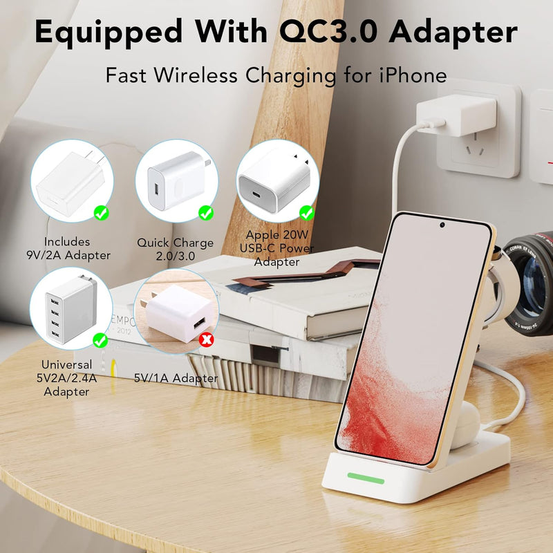 Wireless Charging Station for Apple - 3 in 1 Wireless Charger Stand Dock Watch and Phone Charger Station for Apple Watch 8/7/SE/6/5/4/3/2, iPhone 15 14 13 12 Pro Max SE XS X, Samsung, AirPods Pro/3/2 White