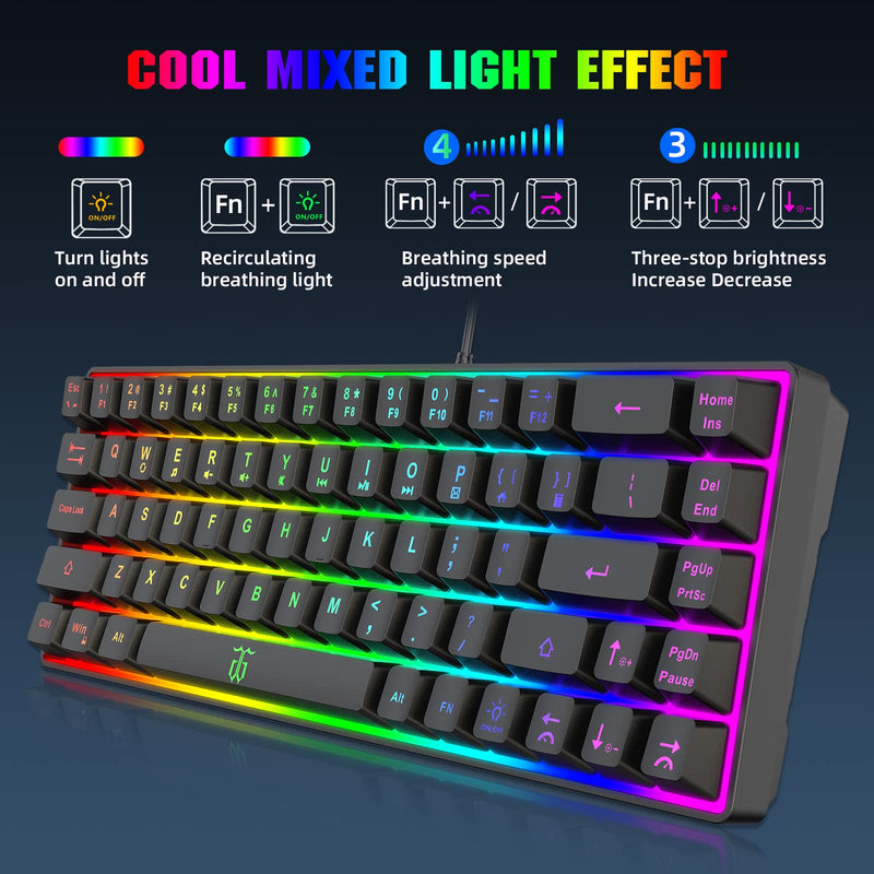 Snpurdiri 60% Gaming Keyboard, Rainbow Backlit Mini Keyboard,Built-in Steel Plate, Membrane Keyboard but Super Mechanical Feel for Windows PC Gamers(68 Keys, Black Rainbow) Black(Rainbow)