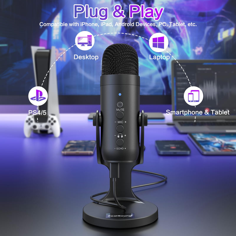ZealSound USB Microphone,Condenser Computer PC Mic,Plug&Play Gaming Microphones for PS 4&5.Headphone Output&Volume Control,Mic Gain Control,Mute Button Vocal,YouTube Podcast on Mac&Windows(Black) Black