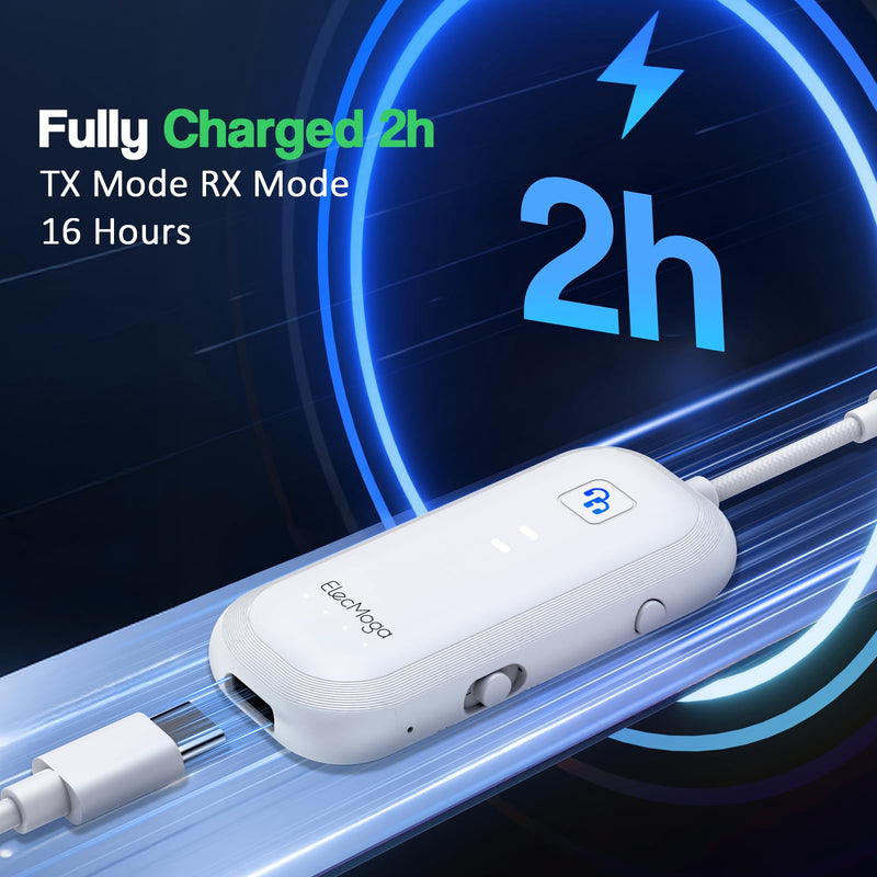 2025 Upgraded Airplane Bluetooth 5.4 Transmitter with aptX Adaptive, ElecMoga Airplane Travel Essentials Supports 2 AirPods or Headphones, 2-in-1 AUX Wireless Transmitter Receiver for TV, Car, White Pure White