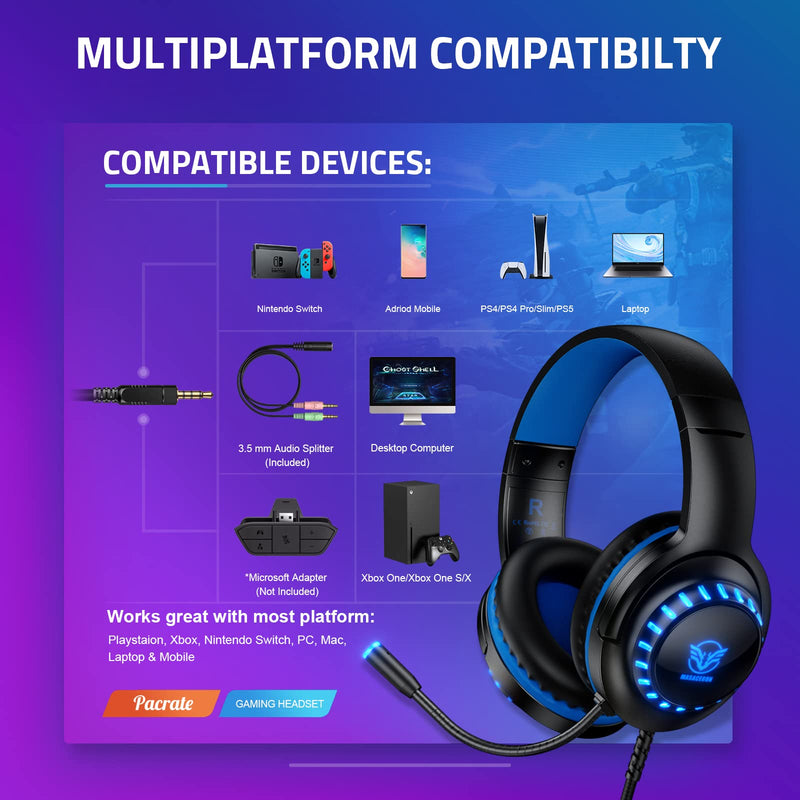 [AUSTRALIA] - Pacrate Gaming Headset for PS5/PS4/Xbox One/Nintendo Switch/PC/Mac, PS5 Headset with Microphone Xbox Headset with LED Lights, Noise Cancelling PS4 Headset for Kids Adults - Blue 
